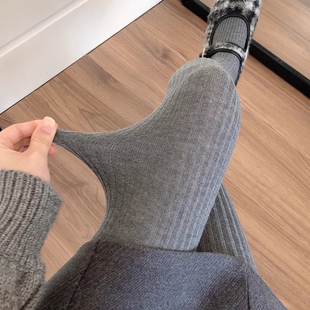 日本进口春秋羊毛连裤袜加绒保暖灰色打底裤女竖条纹显瘦黑丝