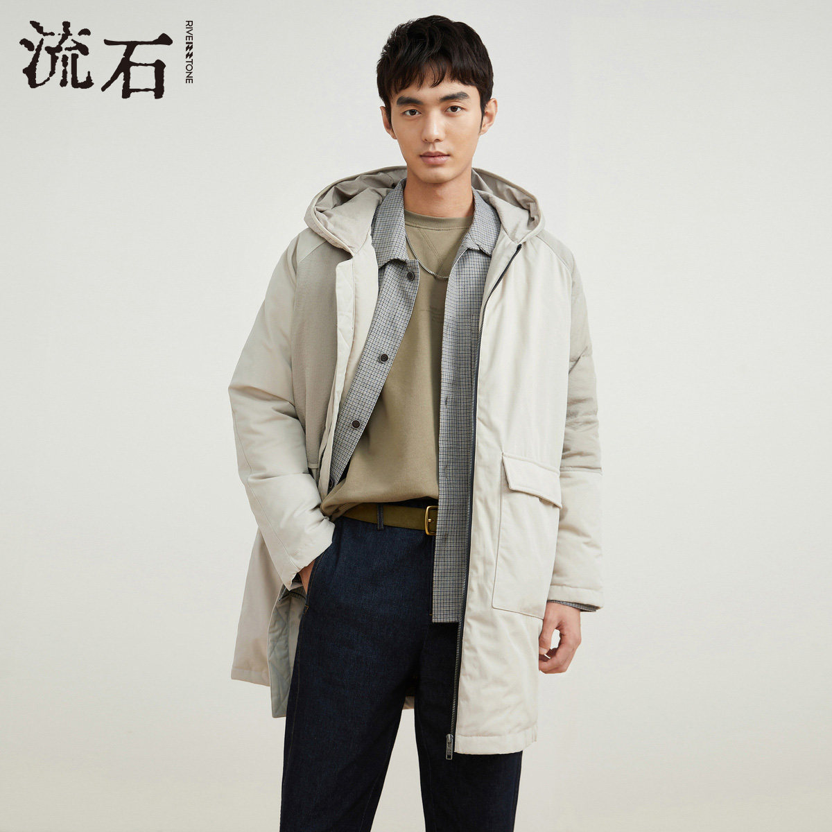 流石男装冬装设计感中长款羽绒服2025年冬季新款宽松连帽保暖外套