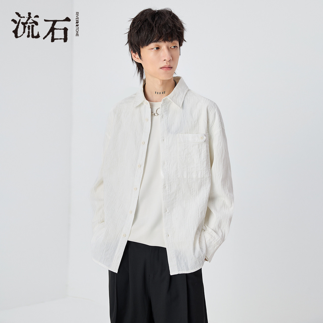 流石男装高端宽松提花长袖衬衫2026年春季新款男士高级时尚衬衣