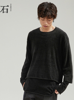 流石男装黑色圆领长袖毛衫2025新款冬季简约风拼接假两件毛衣男