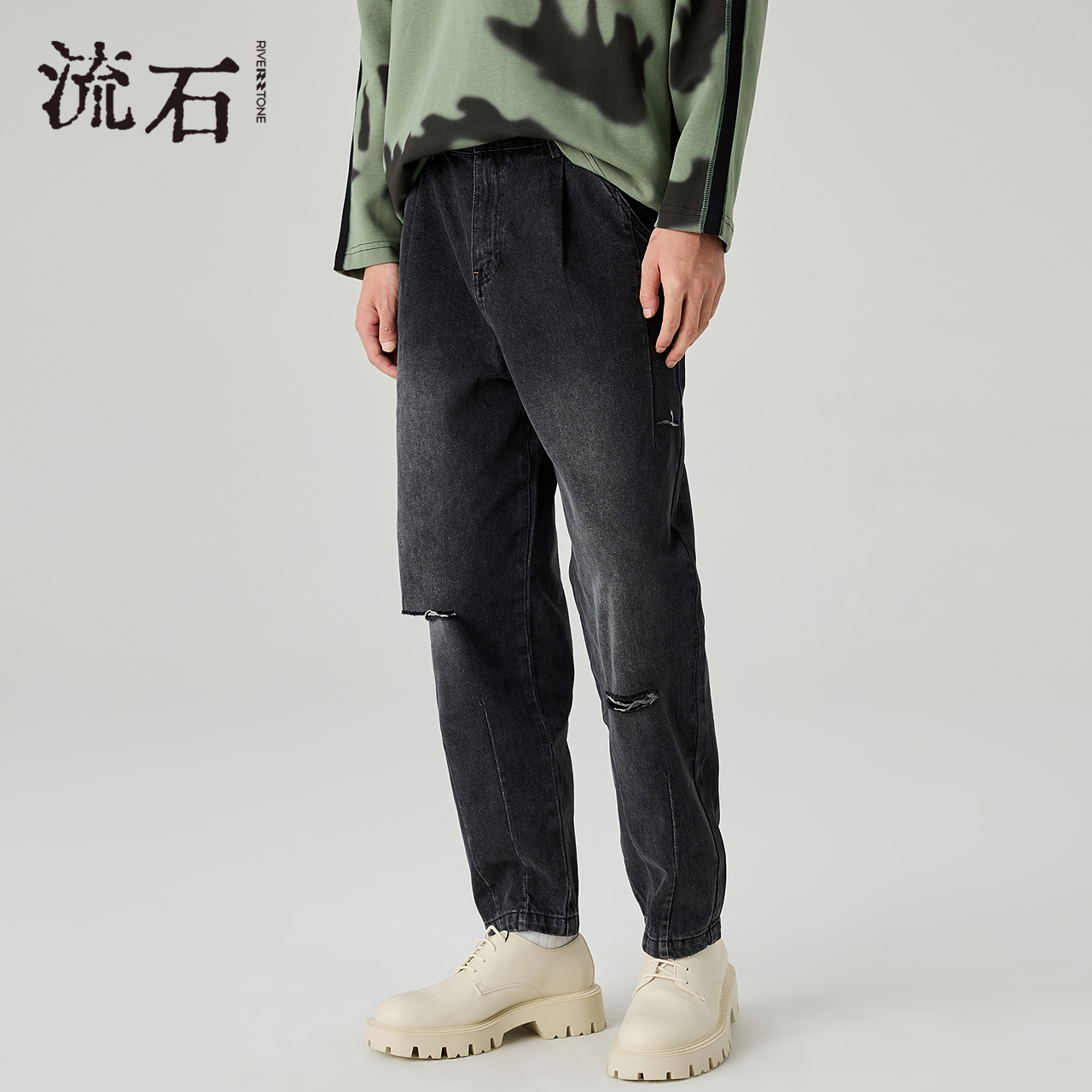 流石男装时尚个性破洞牛仔裤2025年秋季新款男士宽松九分裤子潮