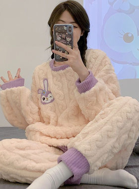 珊瑚绒睡衣女秋冬季大码紫色兔