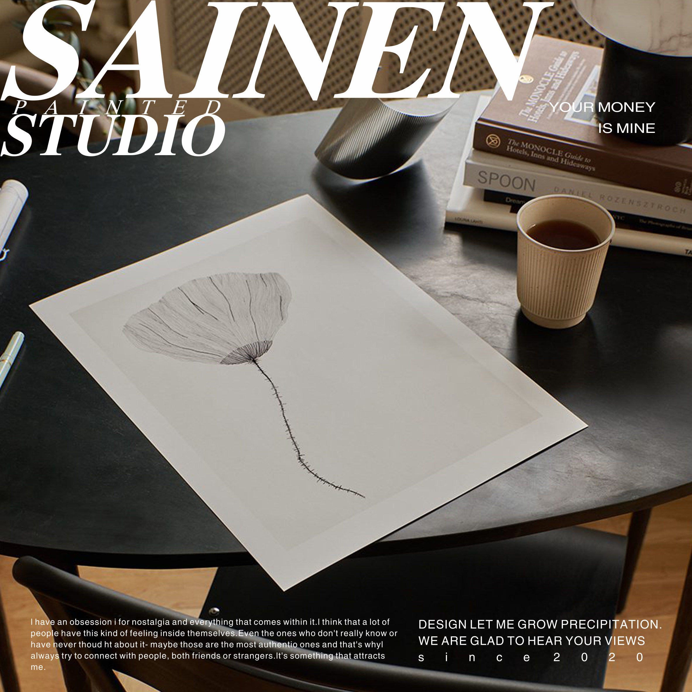 ana frois 丹麦设计银杏叶黑白线条抽象艺术北欧极简风客厅装饰画