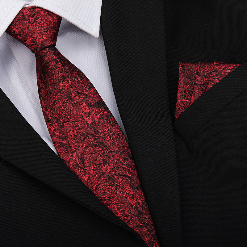 真丝红色花纹领带口袋巾套装结婚新郎西装桑蚕丝男商务时尚领带