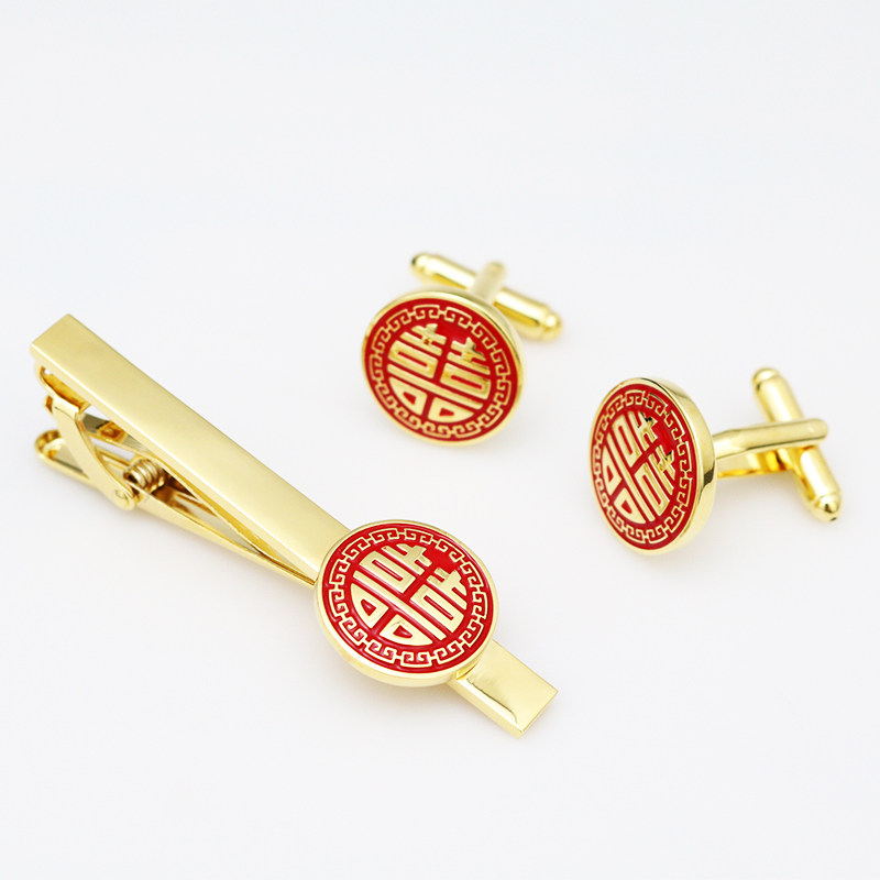 金色圆形双喜字领带夹袖扣套装男结婚喜庆袖口钉新郎西装扣男士