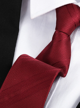 酒红双线条男拉链领带结婚新郎红色正装商务韩版懒人免打条纹领带