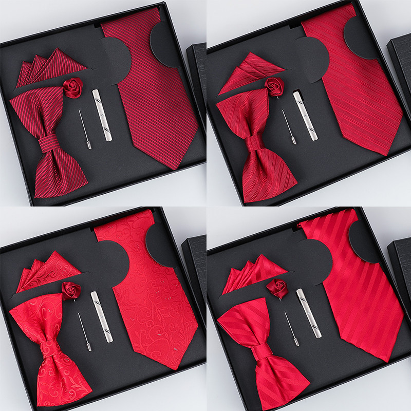 懒人一拉五件套大礼盒领带男士正装商务结婚新郎领结方巾胸针领带