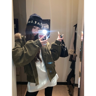 美式复古工装仿羊羔毛领连帽外套