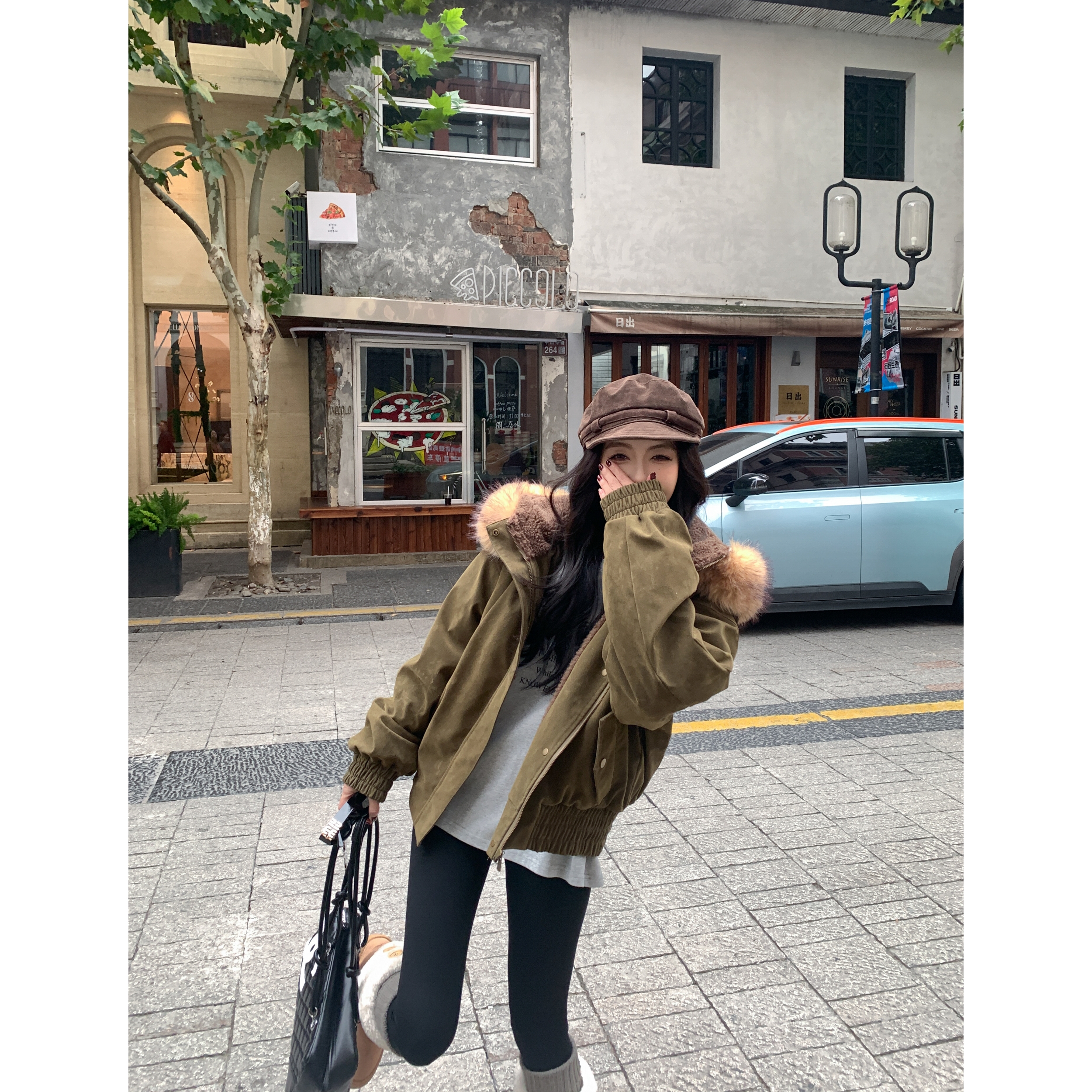 美式复古工装仿羊羔毛领连帽外套