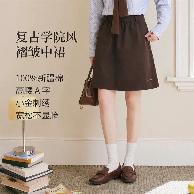 因蔓复古纯棉咖棕短裙女20