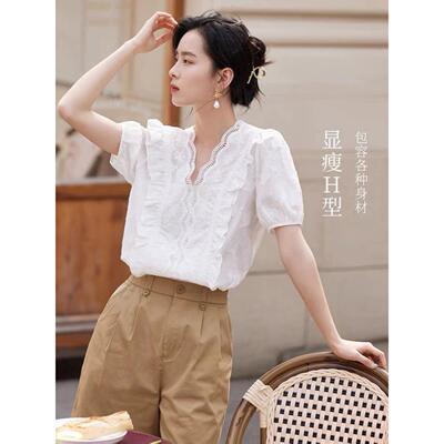清仓V领短袖法式衬衫女士2025年夏季新款提花边泡泡袖衬衣上衣白