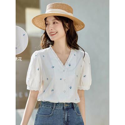 清仓短袖衬衫女2025夏季新款小清新刺绣花边v领纯棉衬衣法式上衣