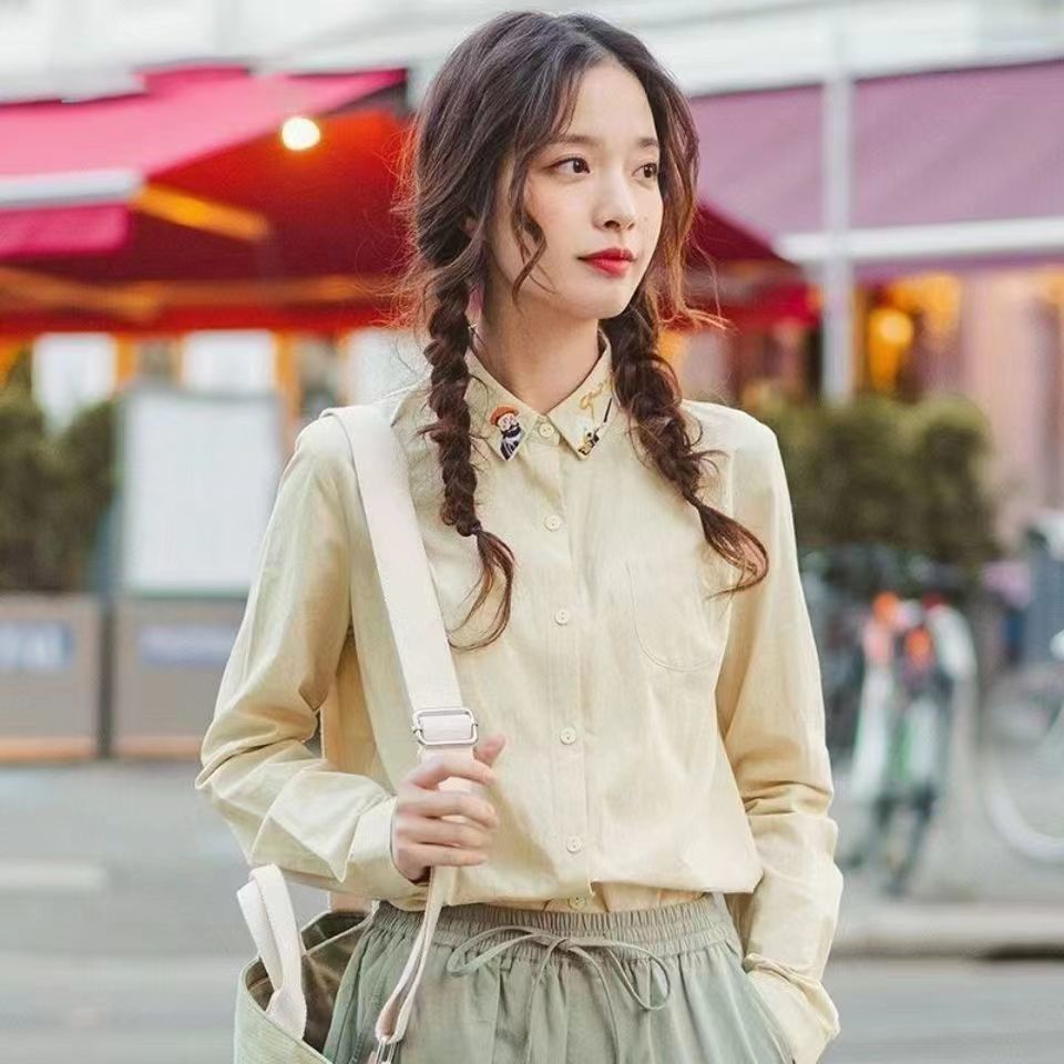 茵家绣花衬衫女复古港风衬衣长袖上衣女装2025新款百搭春秋polo衫