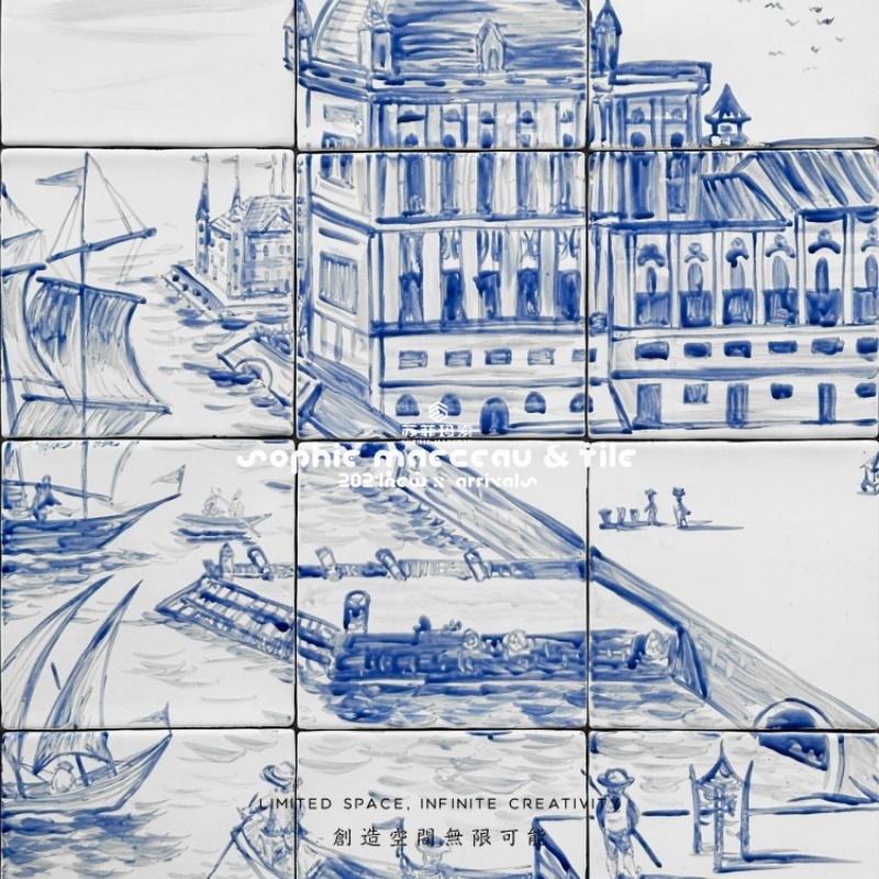手绘蓝陶门头背景墙新中式店铺外墙装饰 复古青花瓷艺术壁画定制图片