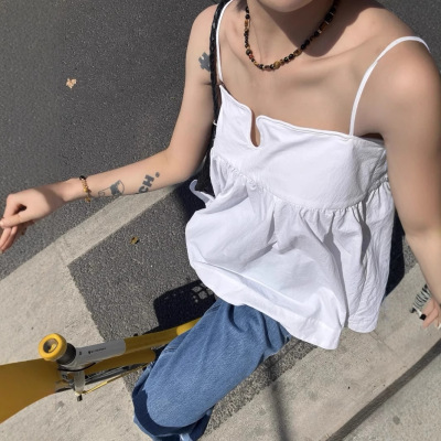 新款法式度假黑白色吊带上衣｜可