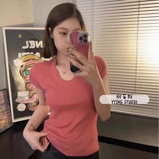 短袖夏季韩版气质u领显瘦简约百搭6羊毛针织衫短袖恤女上衣白色