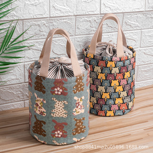 午餐包便当包日式手提袋保温饭盒袋帆布带饭学生圆桶保温桶圆形