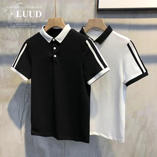 新款 潮男复古修身 LUUD 双肩拼色翻领POLO衫 上衣潮 短袖 T恤休闲男士