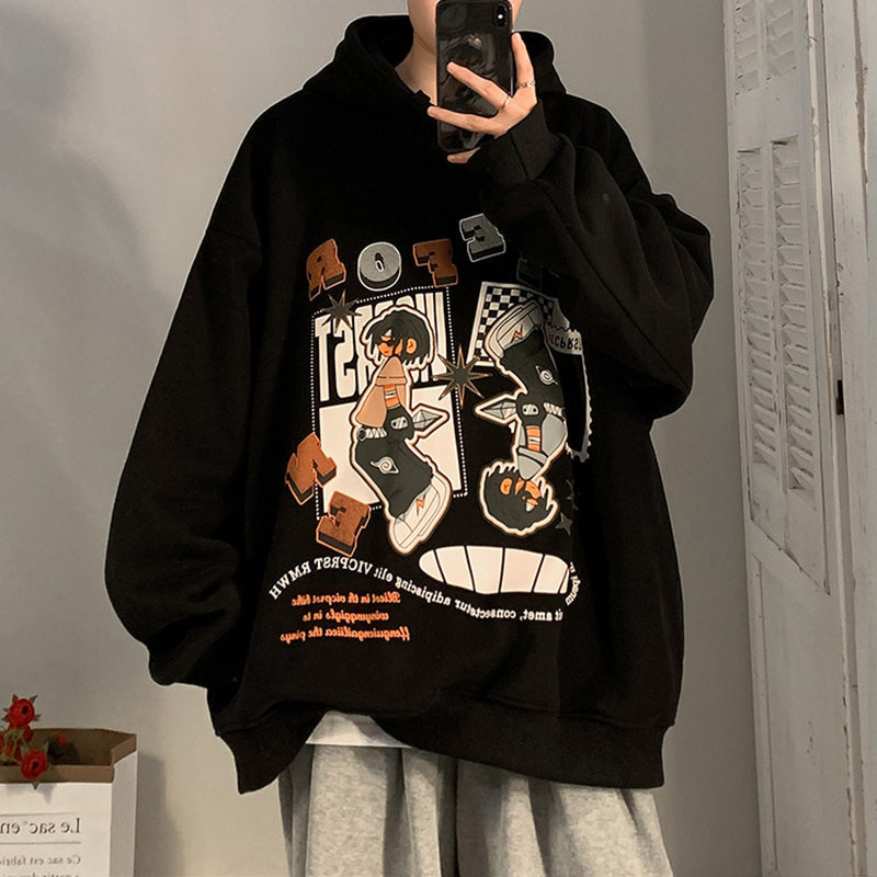 卡通新款连帽卫衣男春秋季美式hiphop上衣高街西海岸潮牌外套加绒
