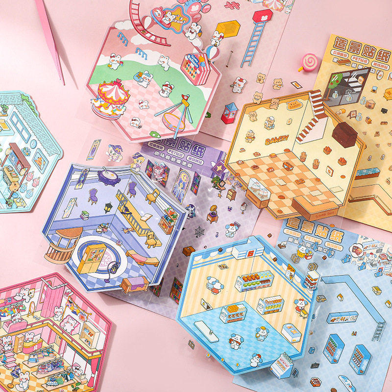 店铺3d微缩创意烘焙场景造景手账贴纸儿童小屋贴纸立体动物拼贴