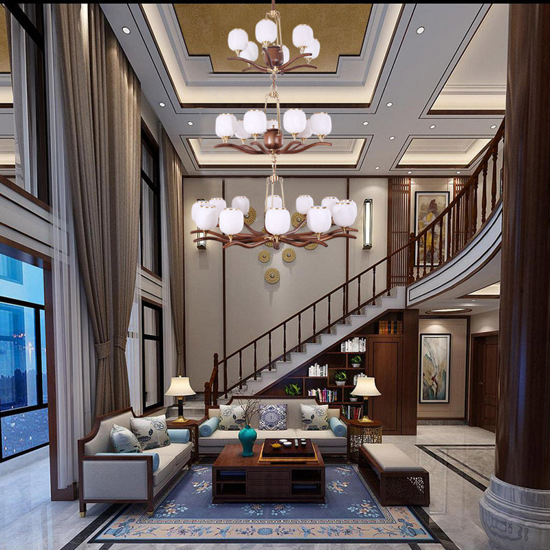 新中式中空复式楼大气客厅灯具别墅跃层挑空黑胡桃实木三层大吊灯