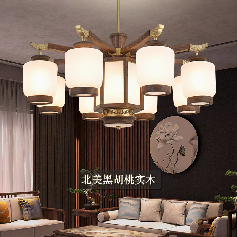 中国风别墅大灯具客厅简约黑胡桃实木卧室餐厅全铜现代新中式吊灯