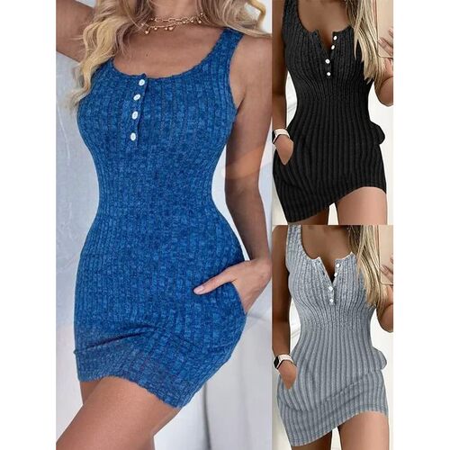 Button Front With Pocket Tank Dress  Elegant Sleeveless Body