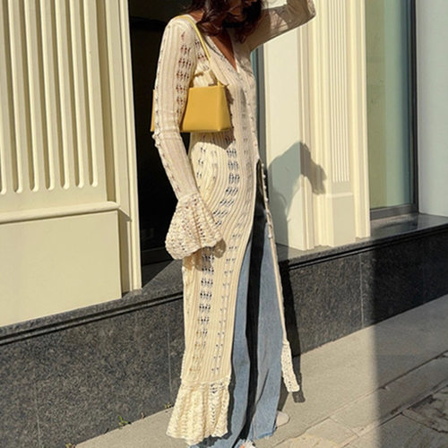 European And American Hot Girls Hollow Long Knitted Coat Wom