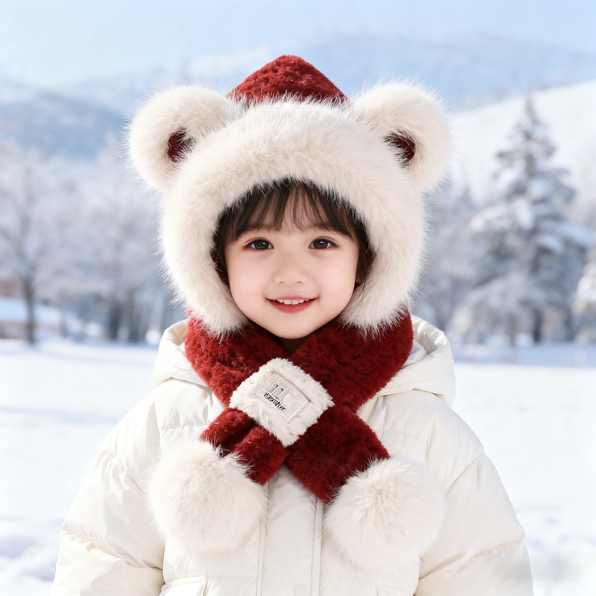 小熊儿童帽子围巾一体秋冬季毛绒保暖女孩男童宝宝防寒风围脖亲子