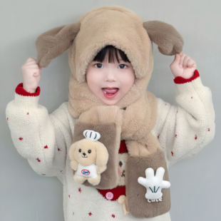 可爱儿童帽子围脖一体女童秋冬保暖三件套男女宝宝耳朵会动毛绒帽