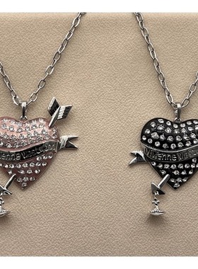 土星大号银黑一箭穿心项链粉红