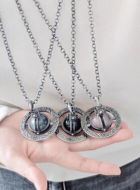 古银雕花天然石头立体土星项链