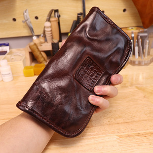 头层植鞣牛皮长款钱包男真皮复古做旧大容量包多功能拉链手拿包潮