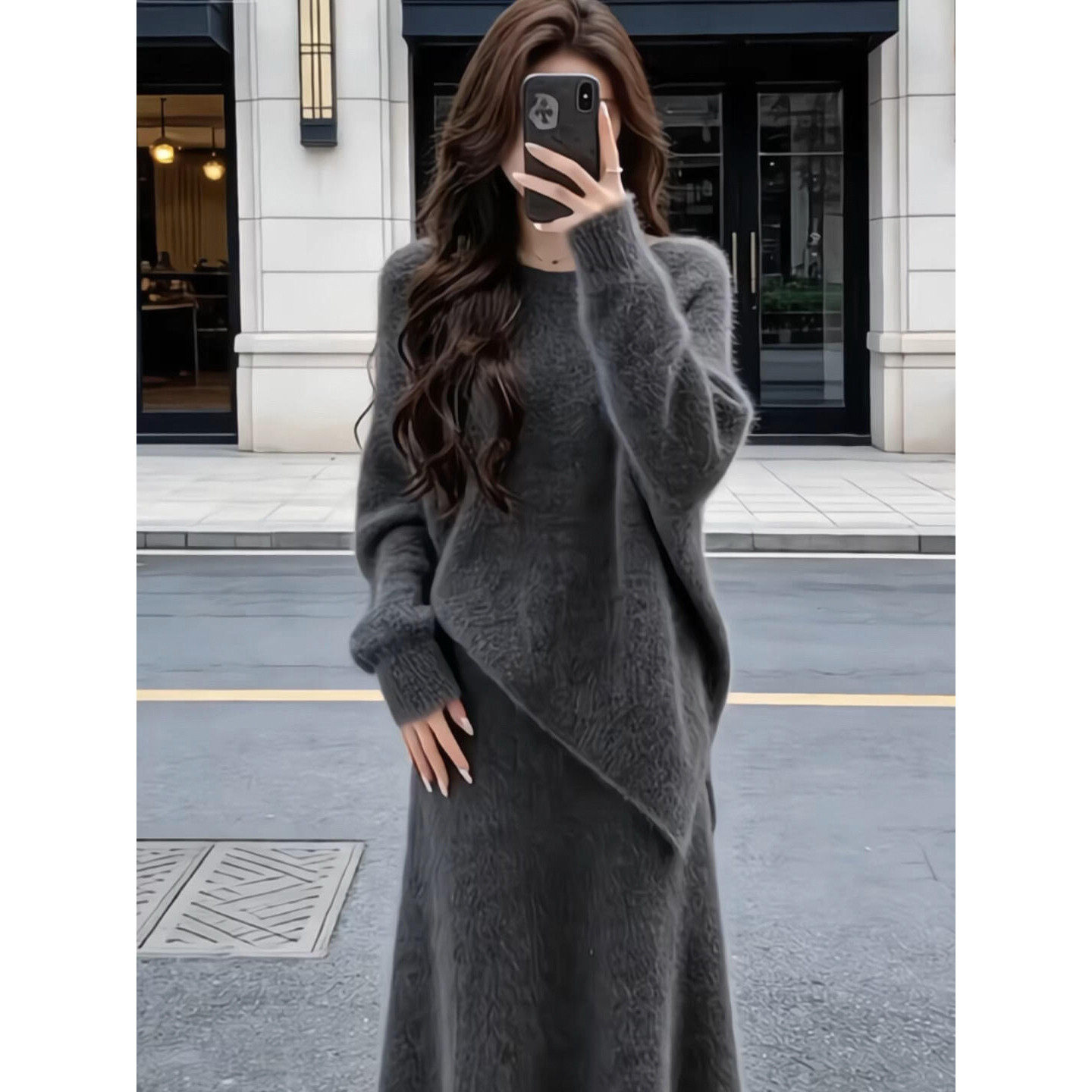 韩系慵懒感灰色针织毛衣连衣裙女2026新款早秋穿搭高级感长裙套装