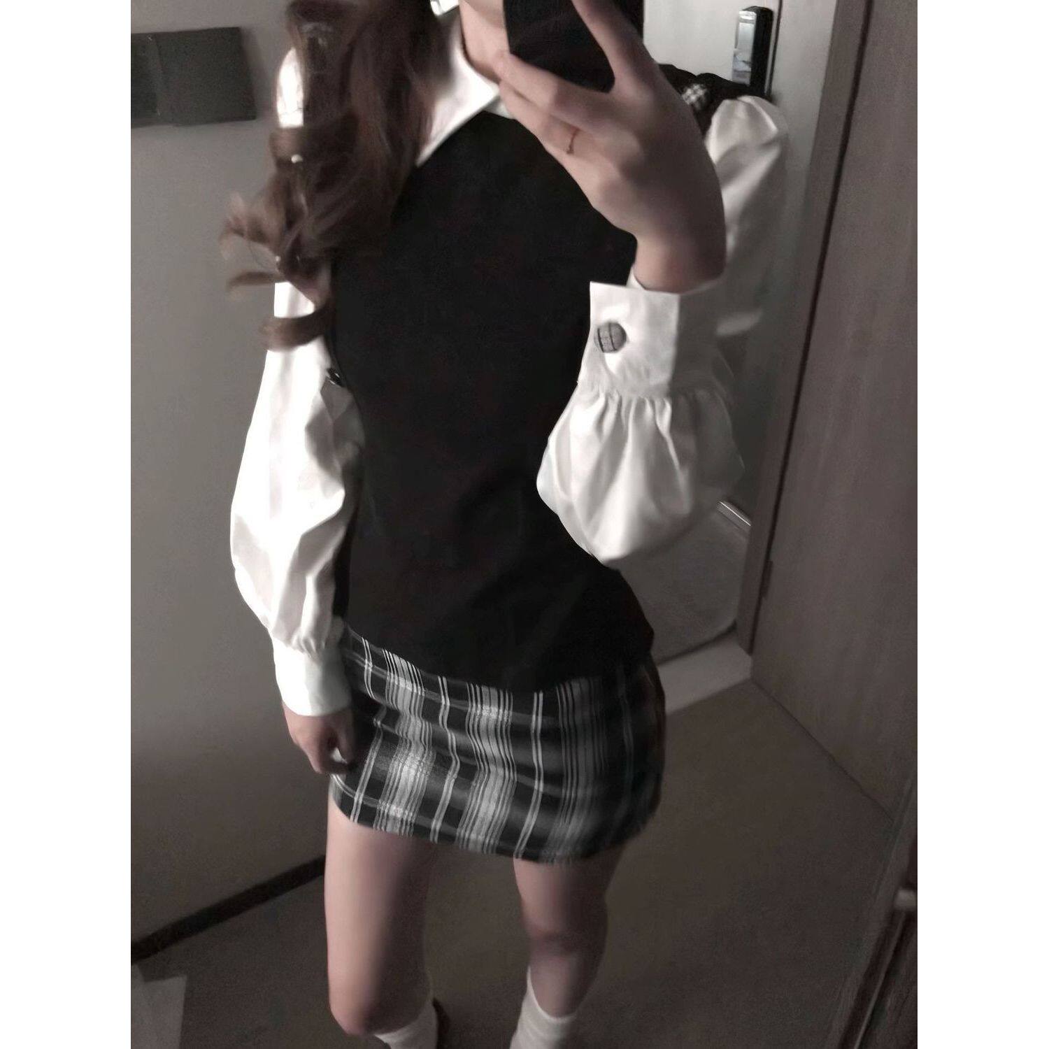 【寒霜掠夜】千金学院翻领假两件长袖针织格纹半身裙短裙两件套