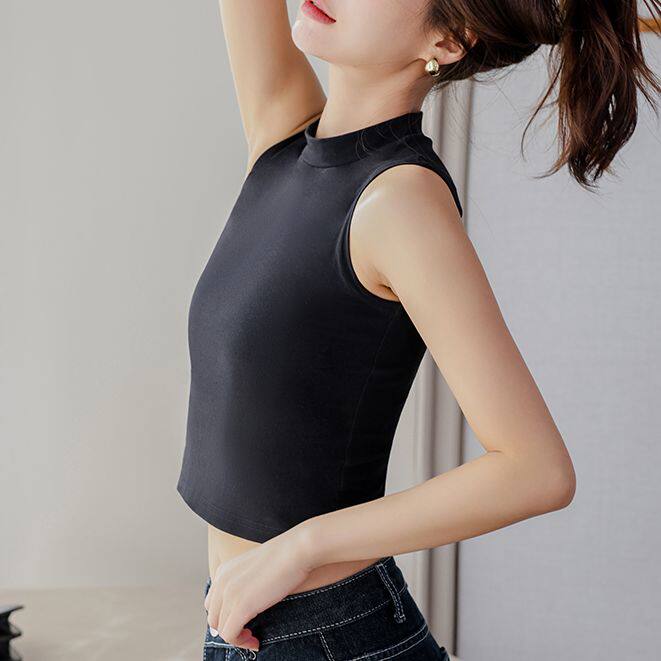 纯棉无袖半高领吊带背心女韩范紧身内搭打底衫外穿百搭上衣