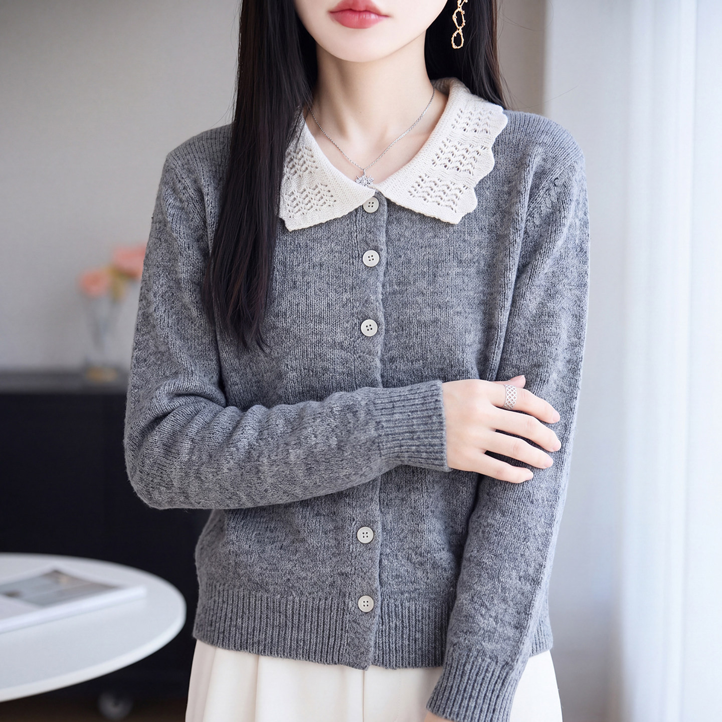 2026新款翻领纯色秋季大码针织开衫外套女洋气中老年女装上衣毛衣