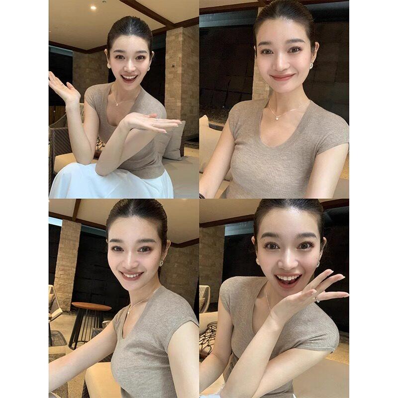 驼色u领冰丝短袖针织衫女夏季小飞袖修身打底t恤老钱风气质短上衣