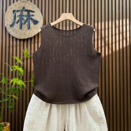 夏季薄薄薄款亚麻圆领针织马甲小背心女外穿宽松大码无袖上衣短款