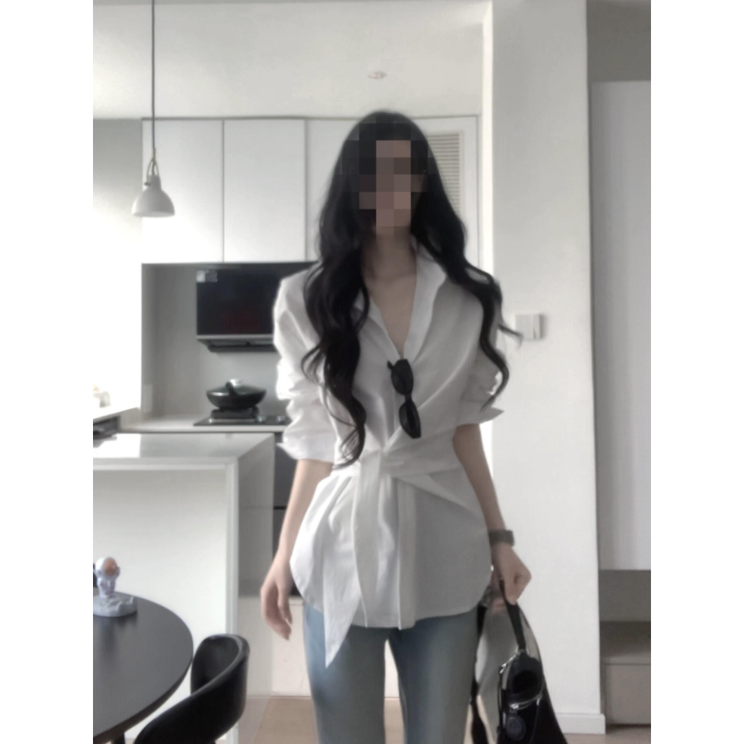 韩系侧腰绑带收腰衬衫女春季新款高腰显瘦百搭牛仔裤套装
