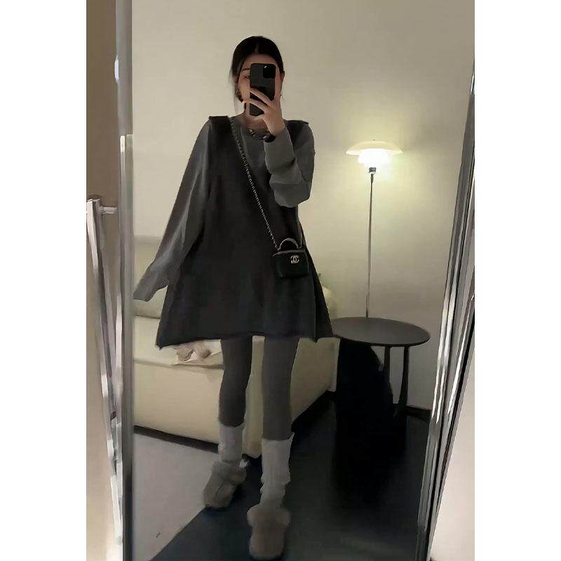 韩系穿搭圆领长袖上衣女设计感卷边系带吊带连衣裙套装