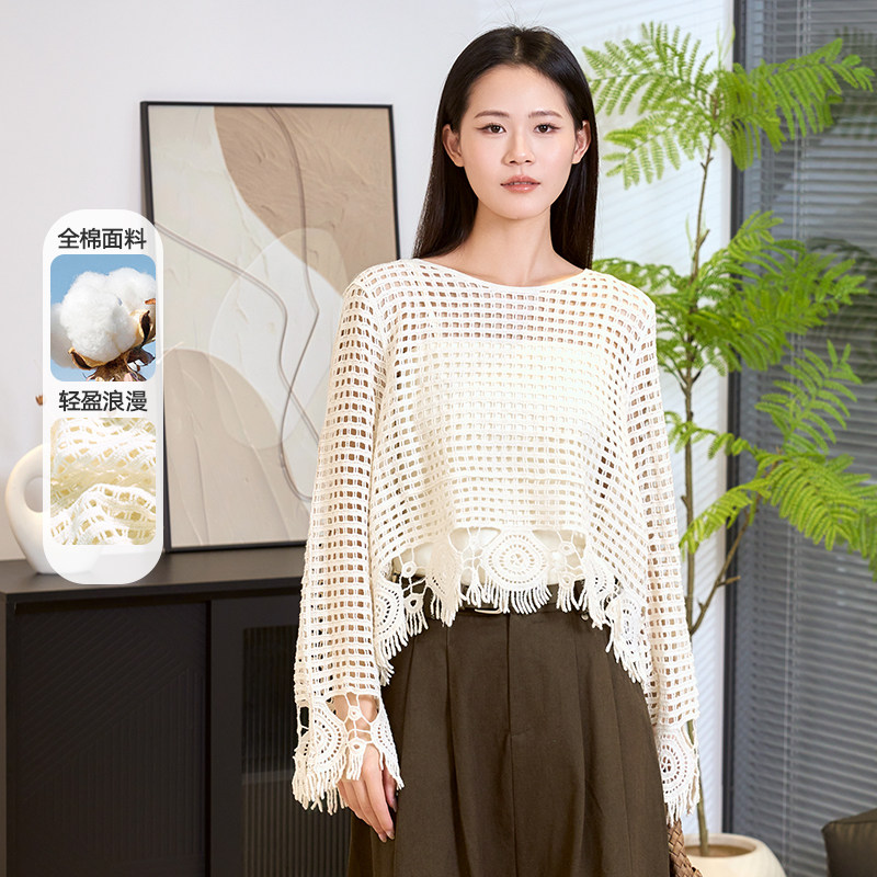 黛芙迪恩2025秋季新款韩版宽松拼接镂空流苏毛织衫女上衣12183