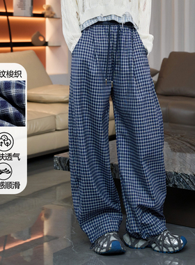 黛芙迪恩2026春季慵懒风格子阔腿裤女高腰宽松垂感休闲长裤12366