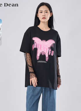 【商场同款】黛芙迪恩设计感印花网纱长袖t恤女2024秋季新款11663