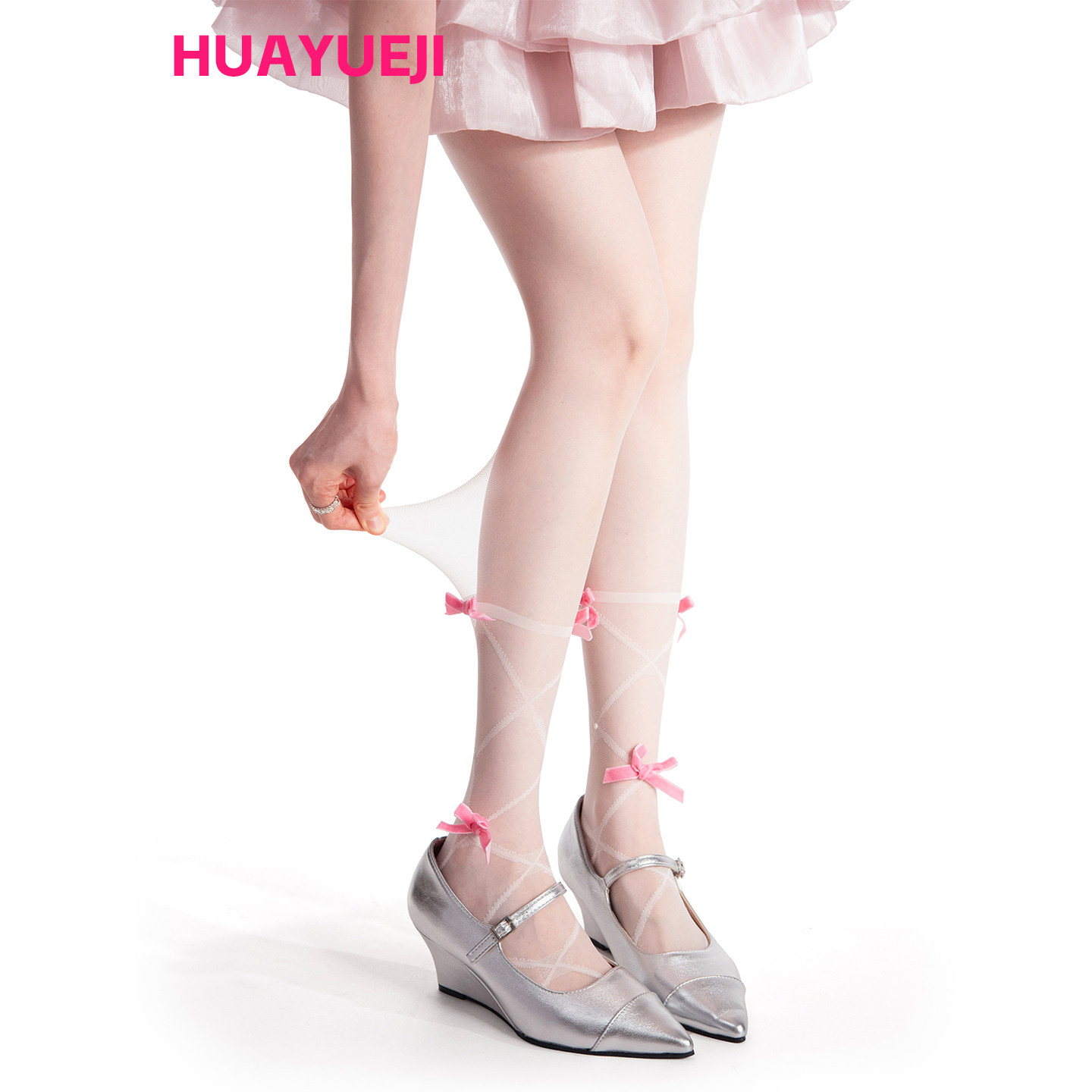 Lolita甜美少女蝴蝶结白色丝袜女夏季薄款防勾丝jk美肤袜交叉绑带