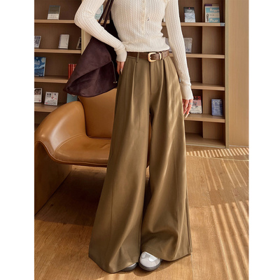 高腰通勤花约季长裤棕色西装裤子