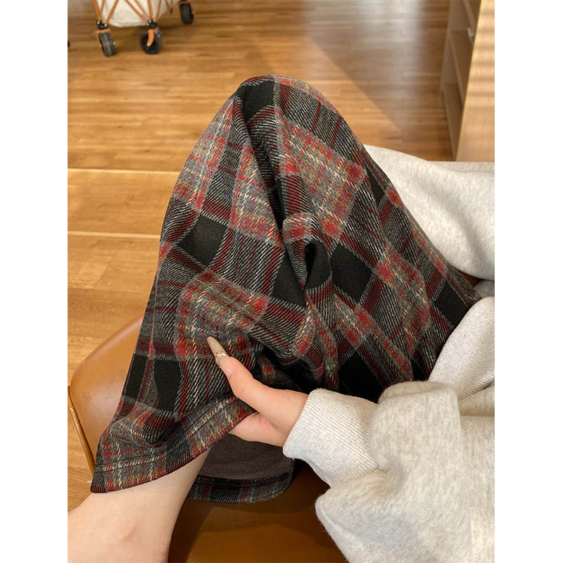 红色格子裤女春秋冬磨毛加厚显瘦抽绳直筒休闲裤宽松慵懒风小个子