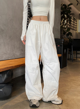 白色美式工装裤女春秋2024新款高腰降落伞裤爵士休闲阔腿运动裤子