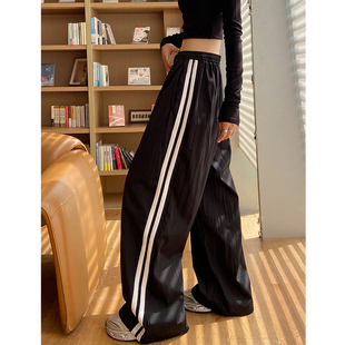 黑色松紧腰两条杠美式阔腿裤女宽松垂感街舞运动休闲工装裤子女
