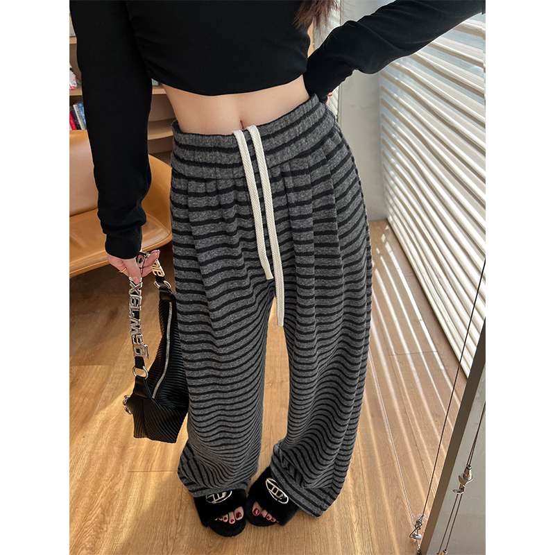 慵懒松弛裤子女舒适减压针织条纹阔腿裤女春秋休闲垂感直筒裤子
